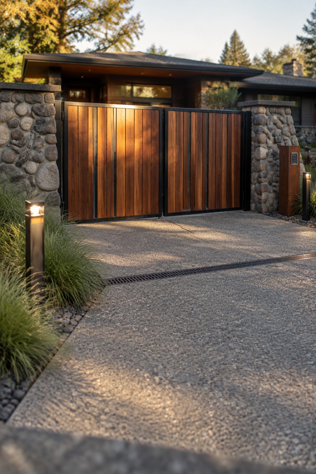 Modern wooden gate between stone pillars on gravel driveway at contemporary home