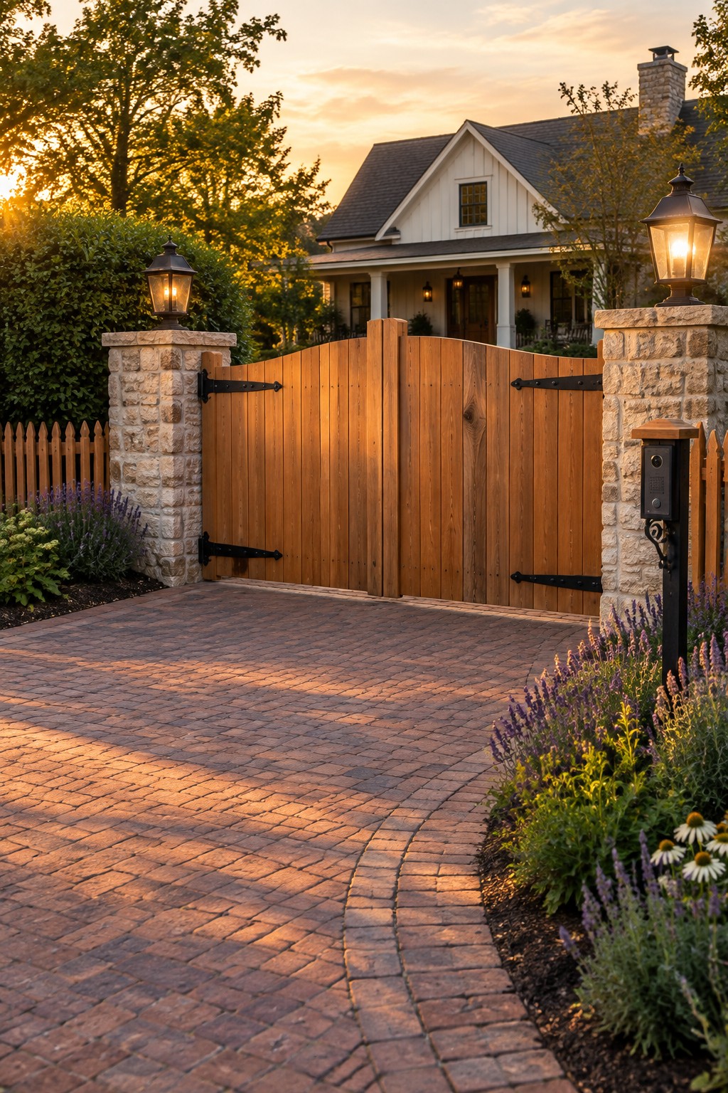 Wooden gate between stone pillars on curved brick driveway at sunset