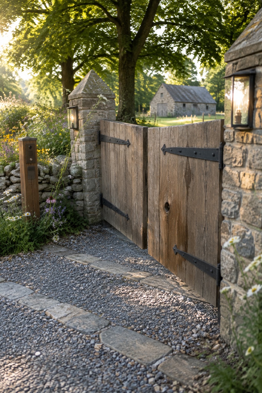 Wooden double gates open on gravel path between stone pillars with lanterns and wildflowers