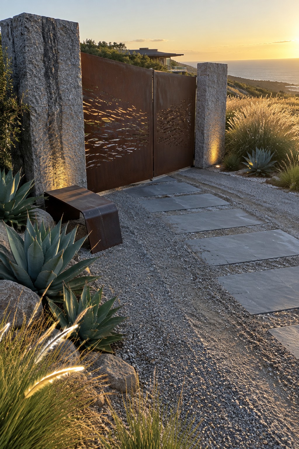 A rusted metal gate with cutout patterns stands open between two large stone pillars at the start of a gravel driveway lined with agave plants.