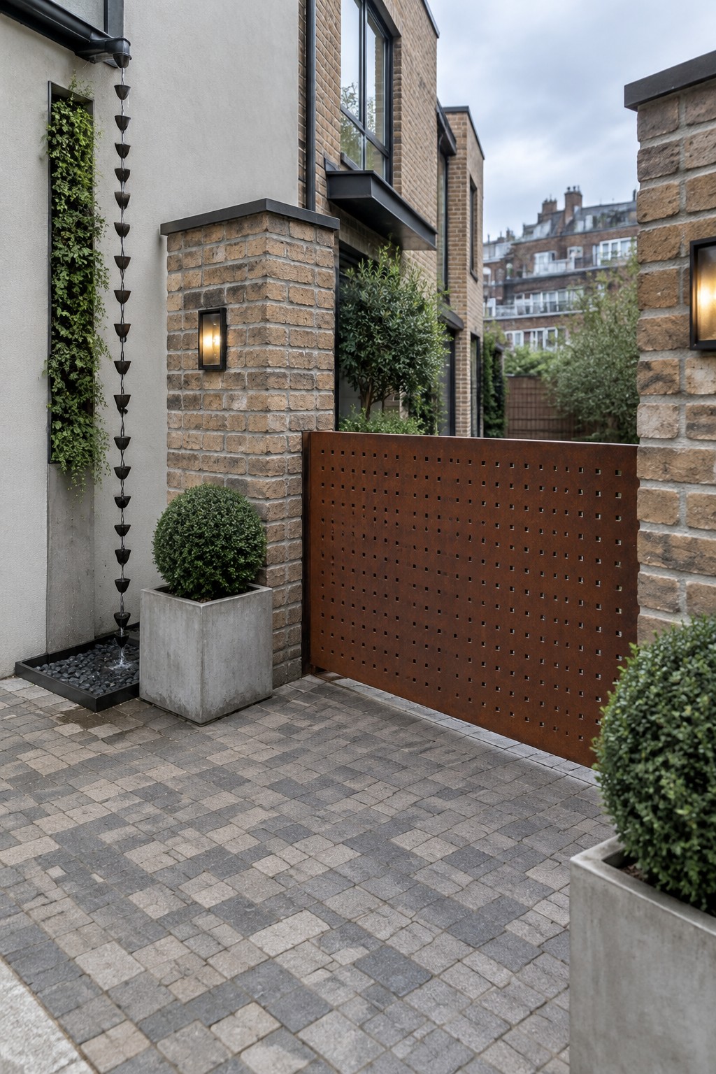 A rusted perforated metal driveway gate spans between two brick pillars on a gray paver surface, with concrete planters and a vertical garden visible on the left.