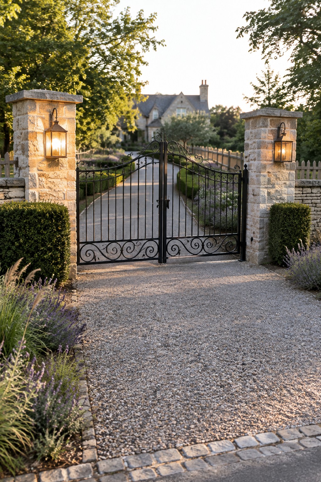 Open ornate black wrought iron gate between stone pillars with glowing lanterns on gravel drive