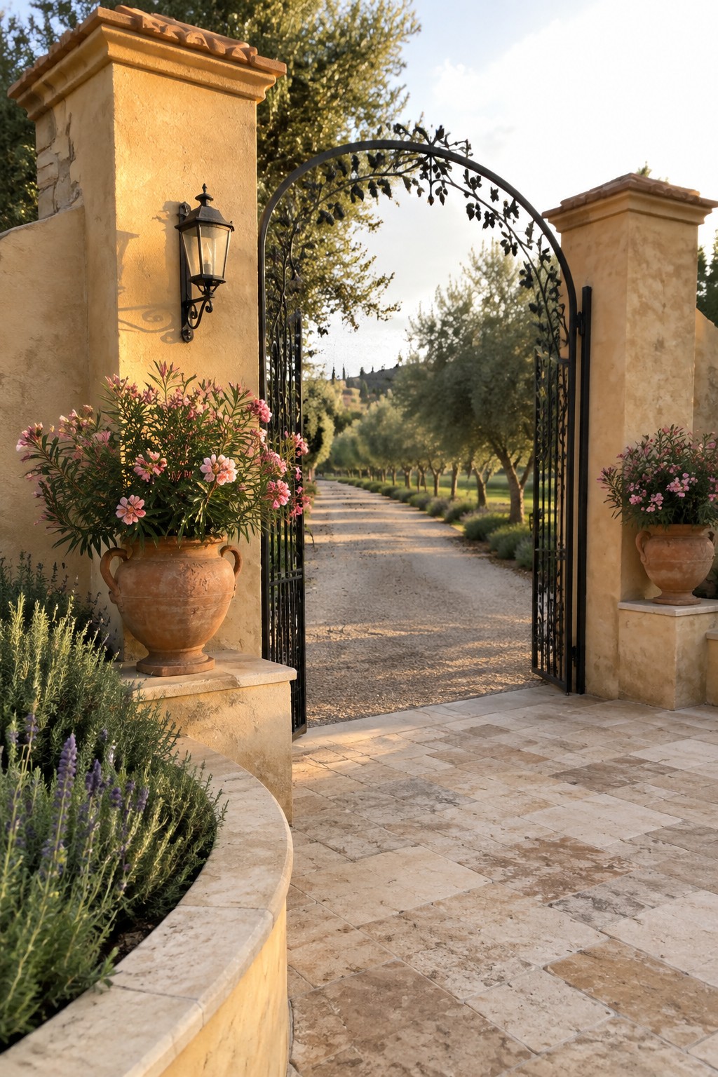 A black metal arched gate stands open between two tall stone pillars, each topped with a terracotta pot of pink flowers, at the start of a gravel driveway lined with trees.