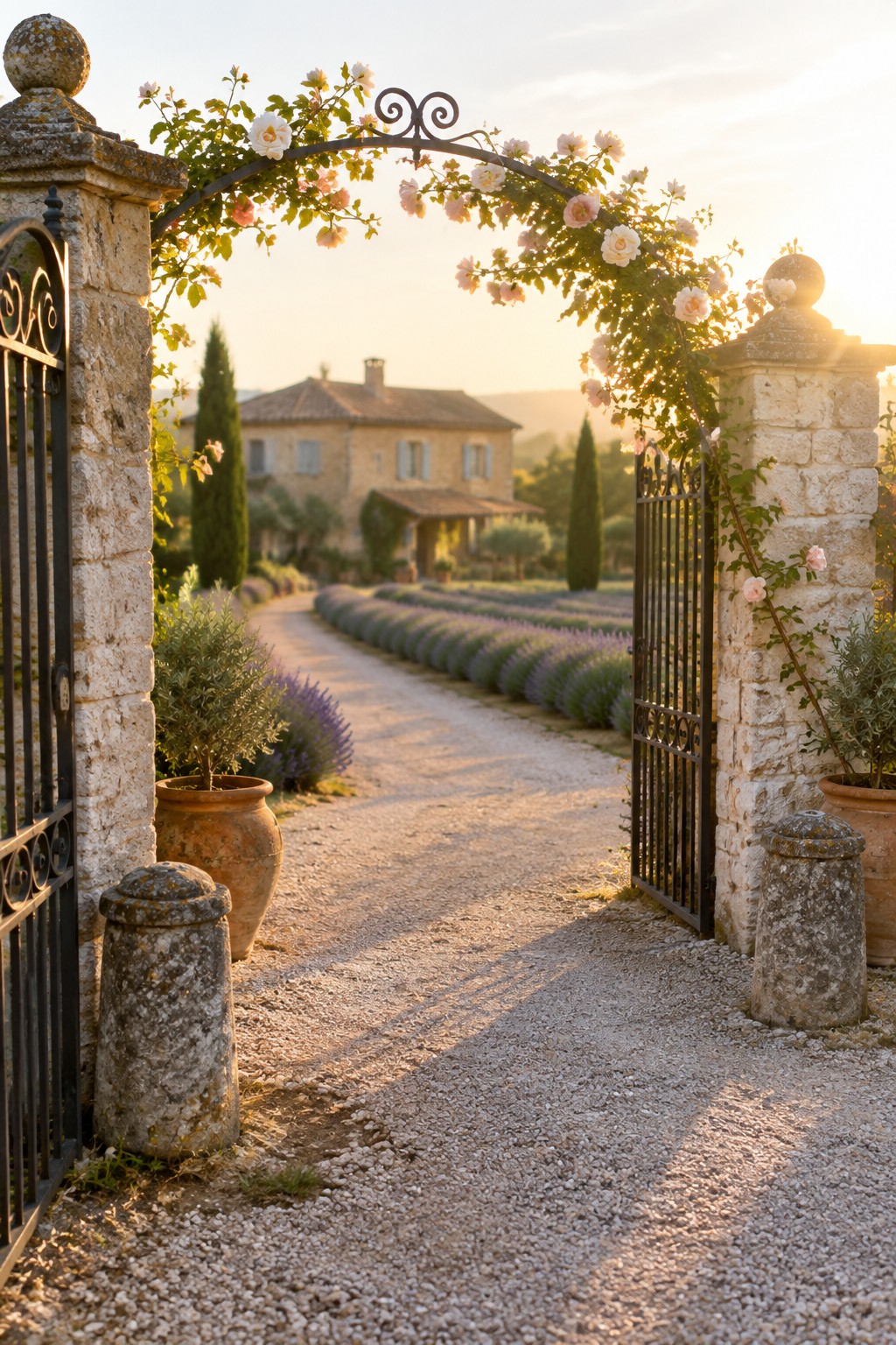 Open black metal gates between stone pillars support a rose-covered arch above a gravel driveway lined with lavender.