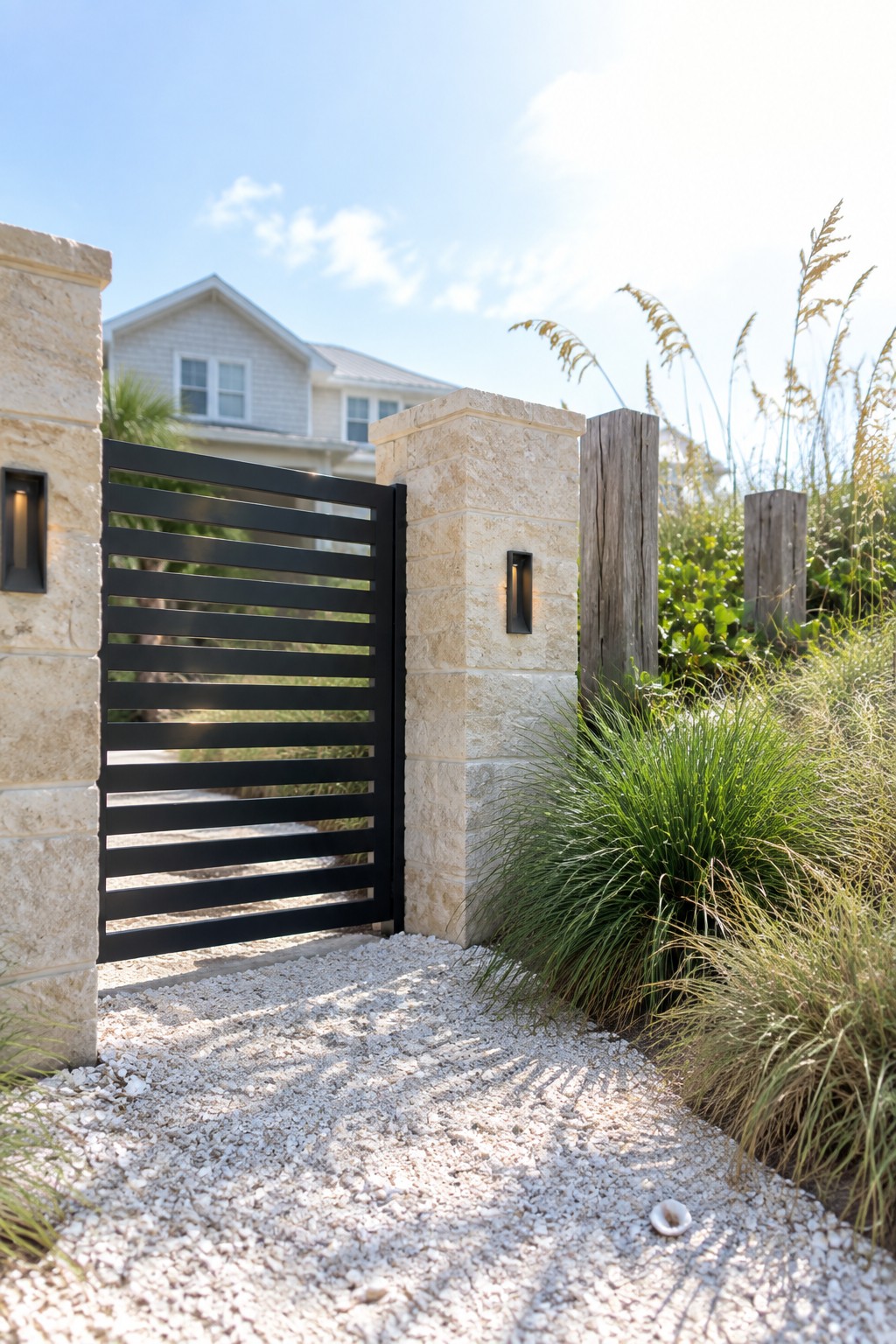 A black horizontal slat gate stands between two light stone pillars at the entrance to a gravel driveway, with a house visible behind it.