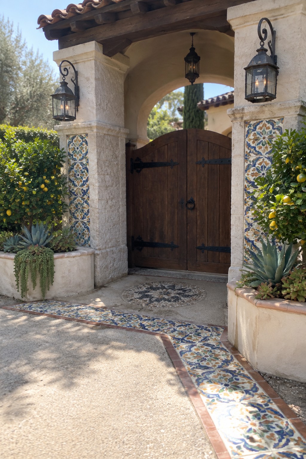 A front entrance with wooden double gates set between stone pillars decorated with colorful patterned tiles, black lanterns mounted on the pillars, and low planters with citrus trees and succulents on either side.