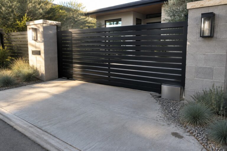 18 Durable Steel Driveway Gate Ideas for Strong Front Property Boundaries Modern black horizontal slat gate between stone pillars with lights on driveway
