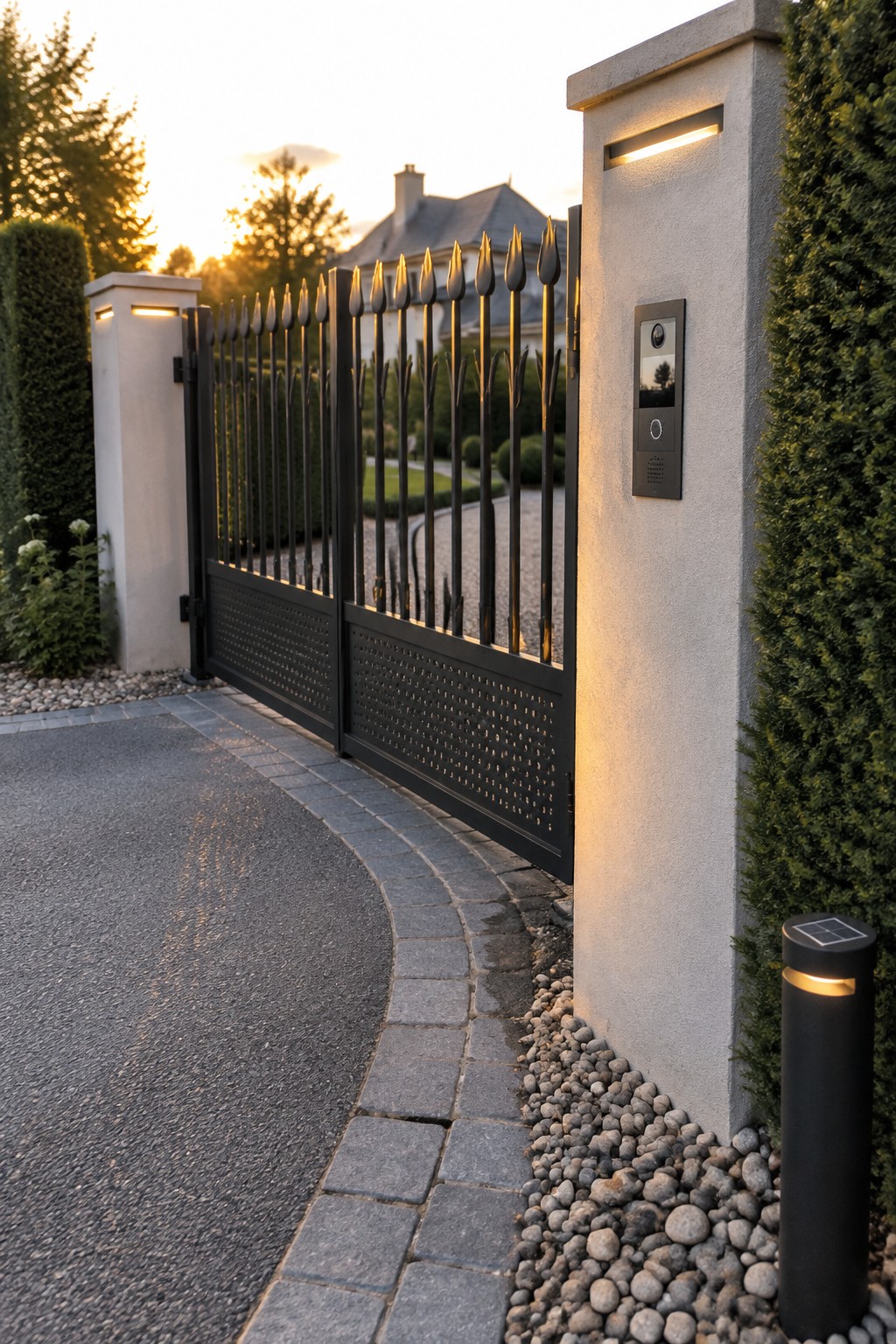 A black steel driveway gate with a perforated lower panel and vertical bars topped with spear finials, installed between concrete pillars beside a paved driveway with an intercom panel and landscape lighting.