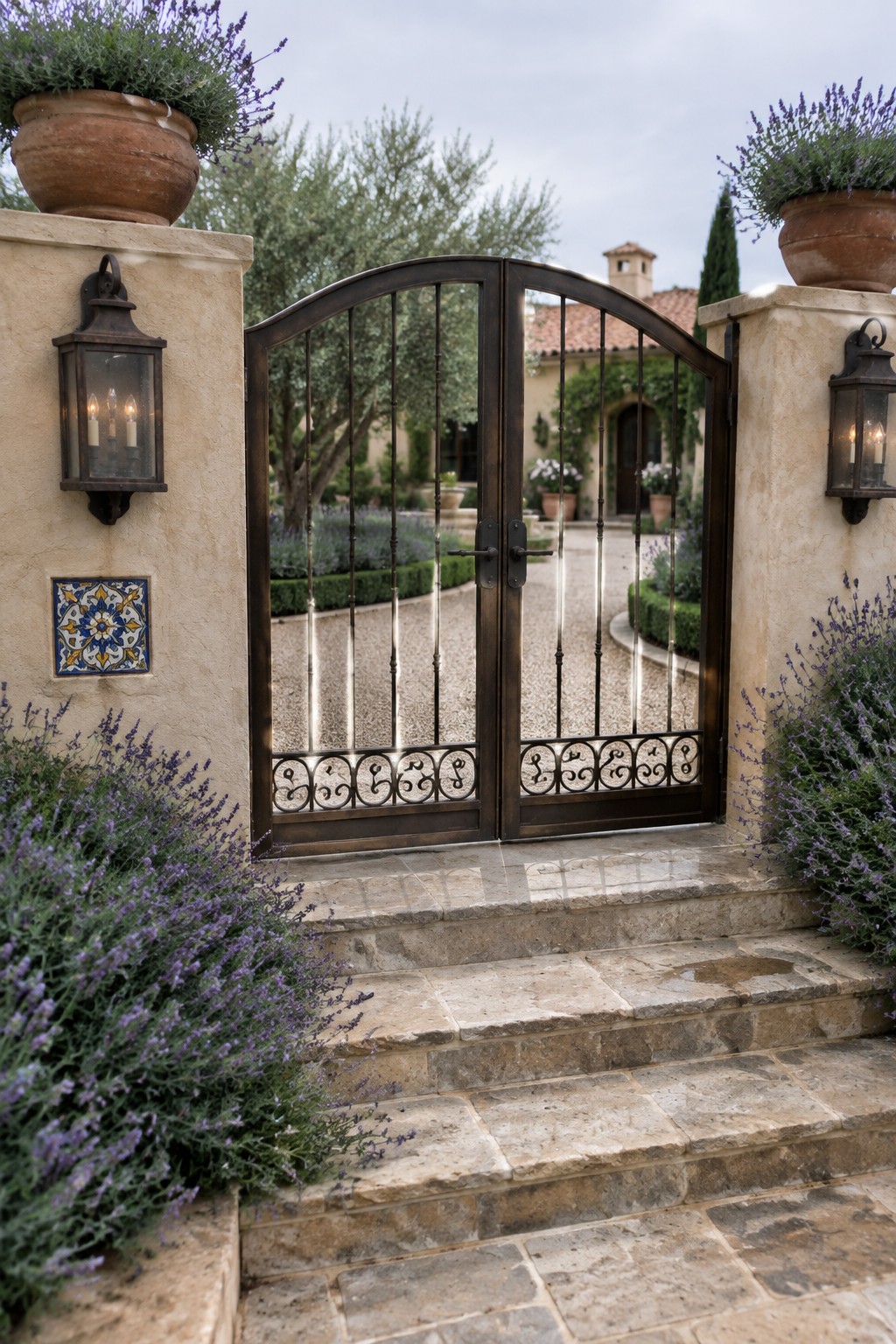 Open ornate wrought-iron gate between stone pillars with lanterns and potted lavender on steps