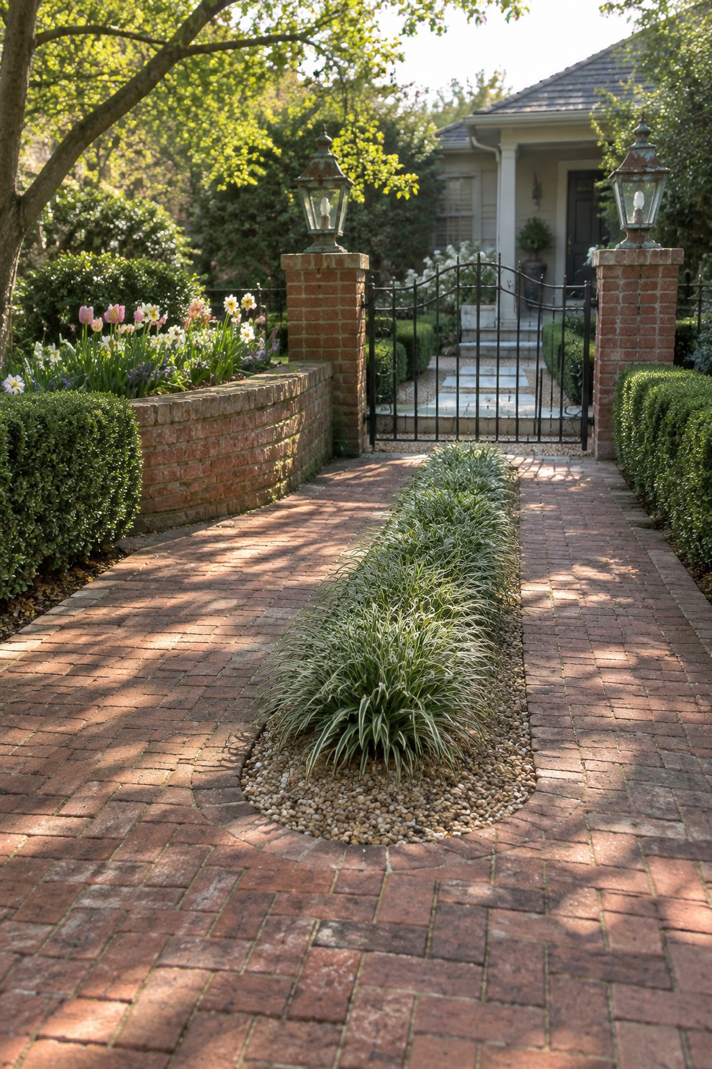A brick driveway with a narrow central bed of green and white plants bordered by gravel, leading to a black metal gate between brick pillars.