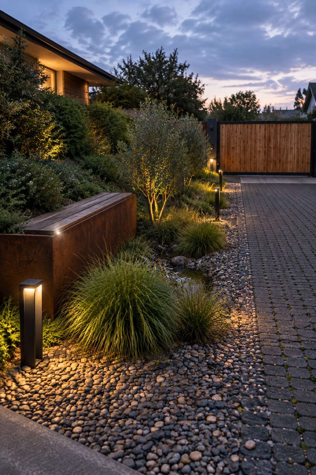 A modern front driveway with dark brick paving next to a narrow pebble bed containing tall ornamental grasses, low black bollard lights, and a rusted metal planter at dusk.