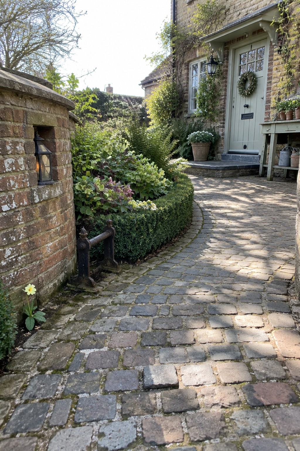 Curved cobblestone path leading to light green door on brick cottage