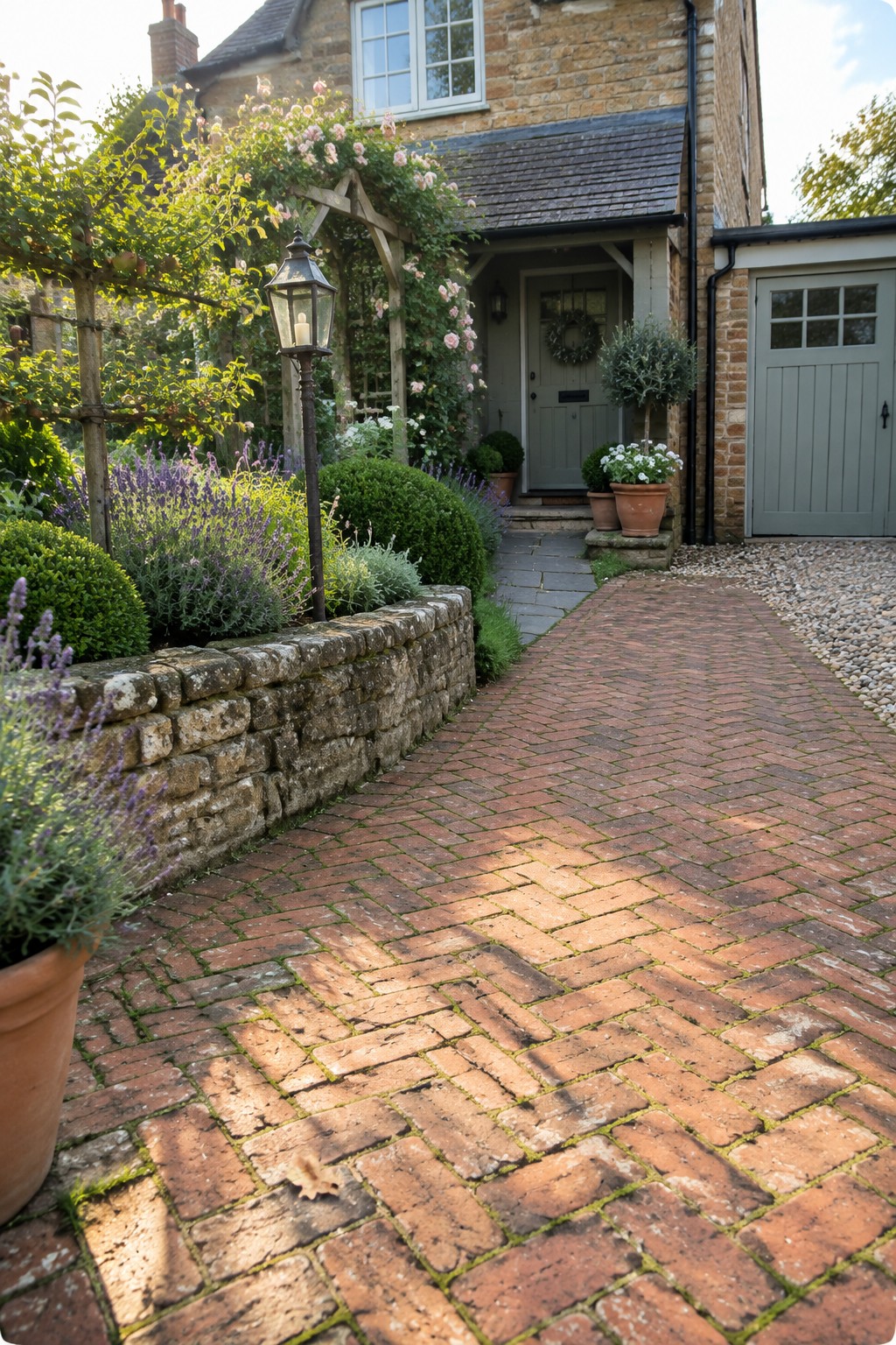 A red brick herringbone driveway runs alongside a low stone wall with lavender and shrubs, leading to a stone house entrance with a wooden rose-covered arch.