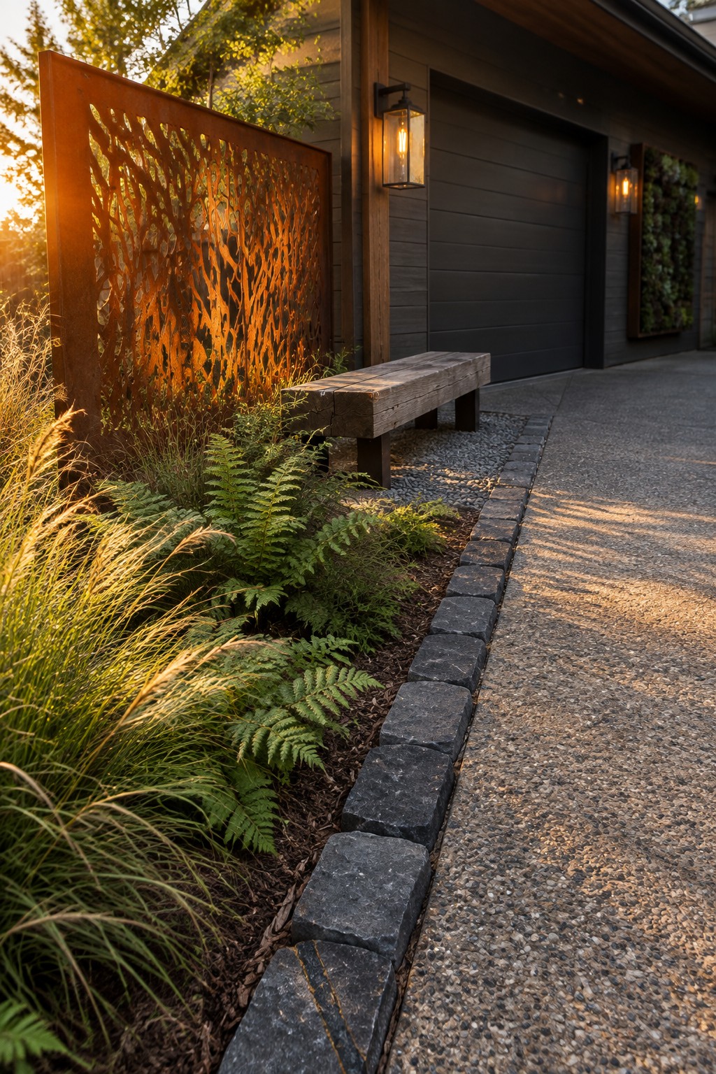 A concrete driveway with a border of dark stone pavers separating it from a mulched garden bed planted with ferns and tall grasses, next to a rusted metal screen and wooden bench in front of a house.