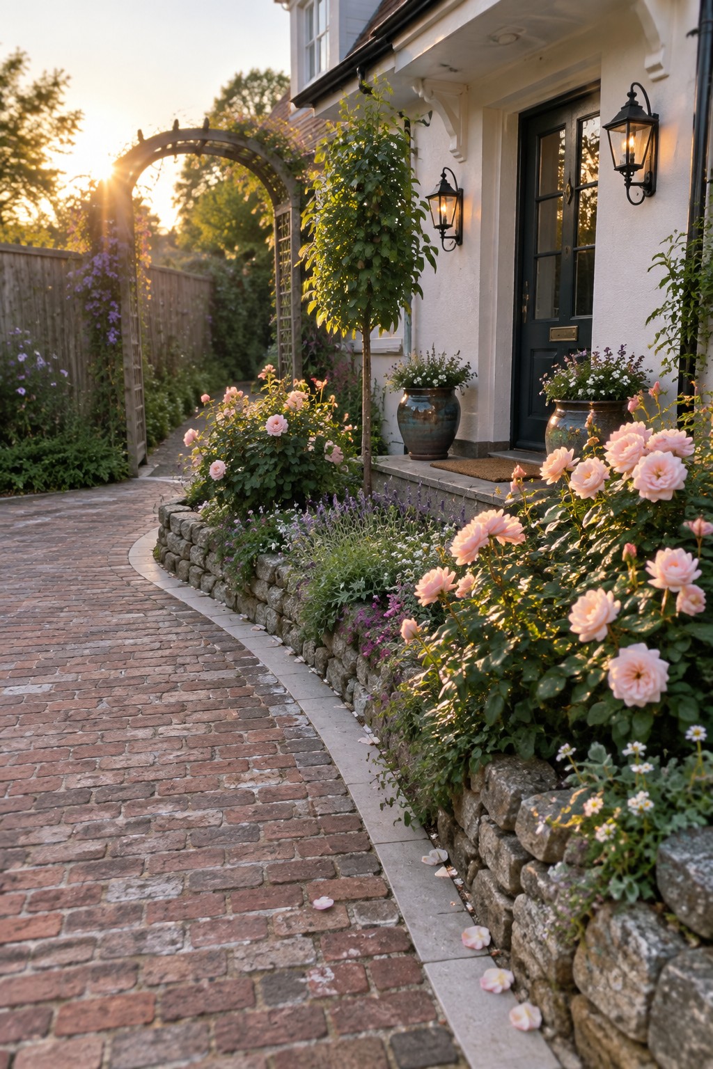 A curved brick driveway runs beside a low stone wall filled with pink roses and mixed flowers, leading toward a house entrance with potted plants and wall lanterns.