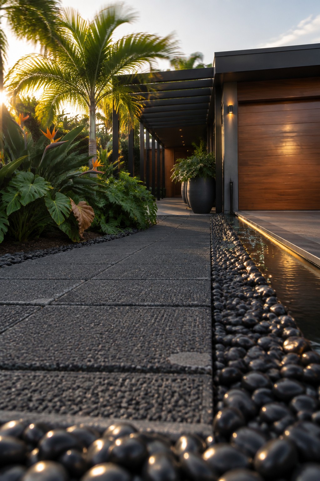 A modern house entrance featuring a stone paved path next to a narrow water channel lined with dark pebbles, with tropical plants and a wooden garage door visible.