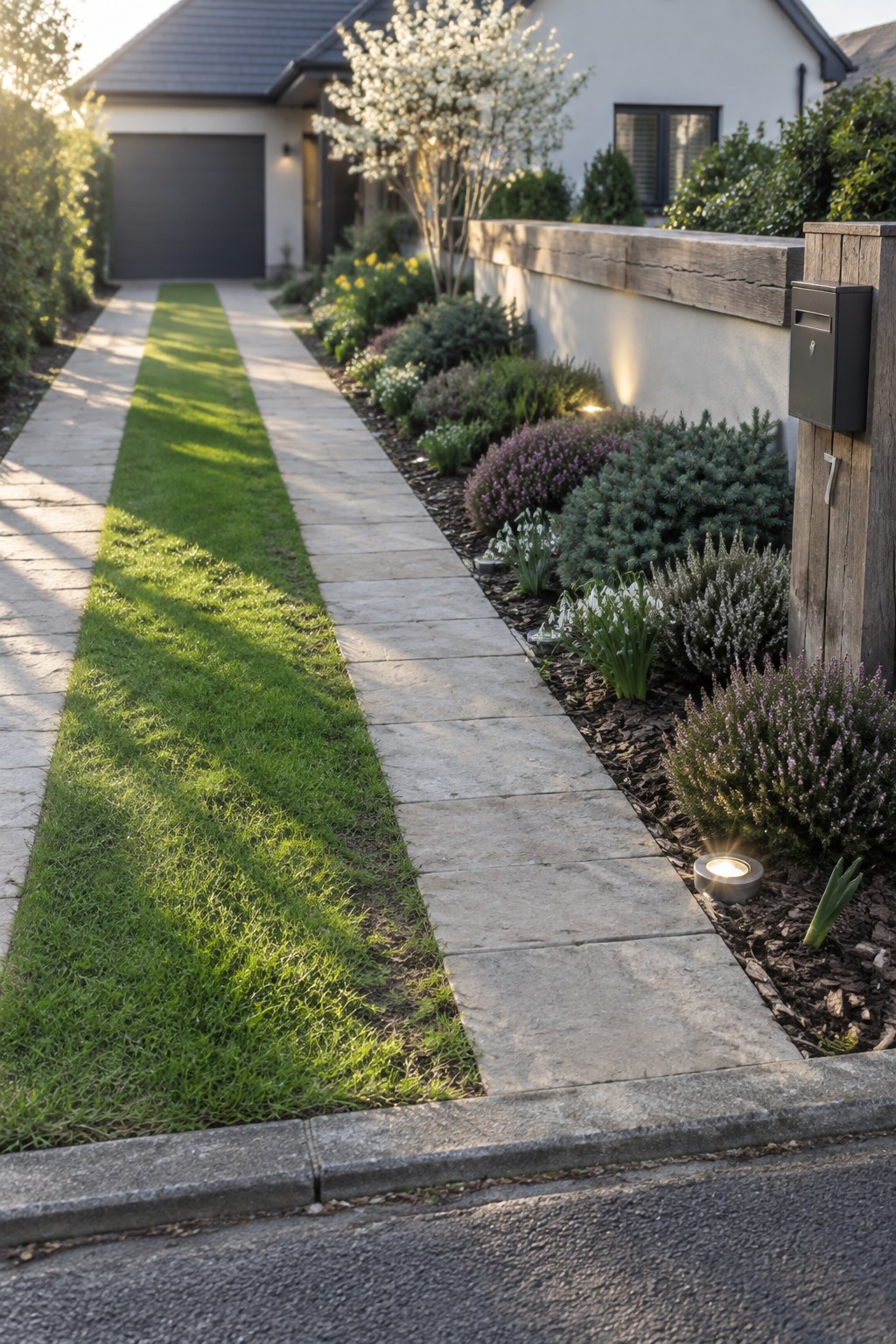 Stone path beside grass strip and blooming garden with shrubs, flowers, and mailbox.