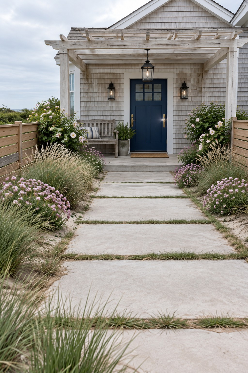 A concrete paver walkway with grass strips between the slabs leads to a house with a blue door, flanked by flower beds and ornamental grasses.