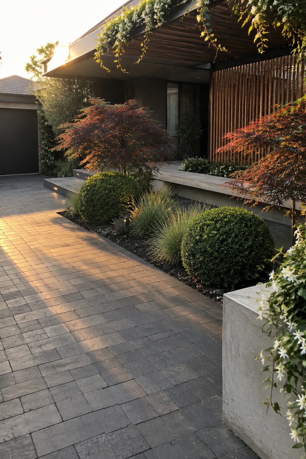 Modern house with paved driveway, concrete steps, red maples, green shrubs, and golden sunlight.