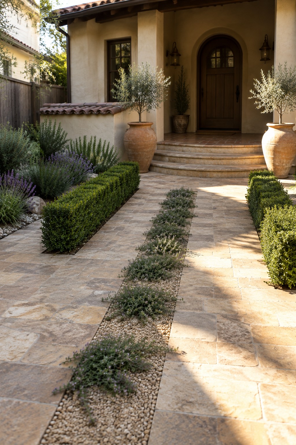 Sunlit stone path lined with lavender hedges and olive-filled terracotta pots to arched door