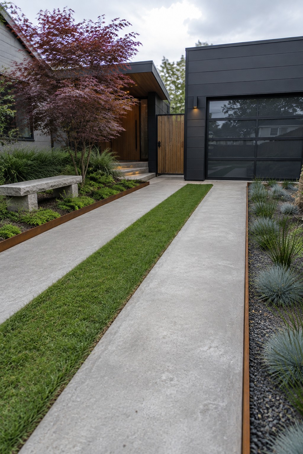 A concrete driveway with a central grass strip leads to a modern house entrance with a black garage door and wood front door, bordered by metal-edged garden beds with ornamental grasses and a red-leafed tree.