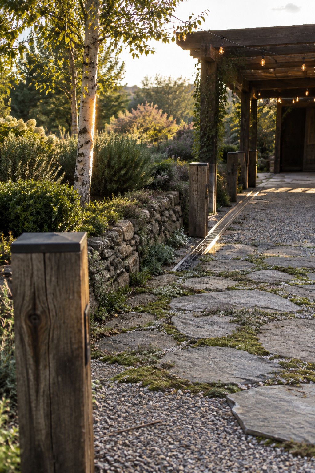 A pathway of irregular stone pavers with moss between them runs alongside a low stone wall and gravel border toward a wooden pergola.