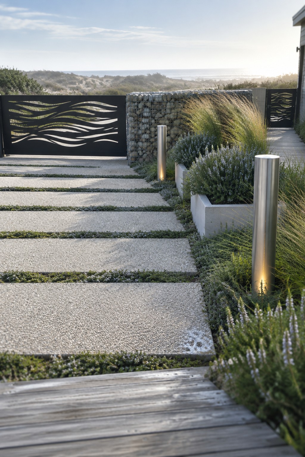 A pathway of large rectangular concrete pavers with grass between them leads to black metal gates featuring wave patterns, next to a gabion stone wall, stainless steel lighting bollards, and coastal landscaping.