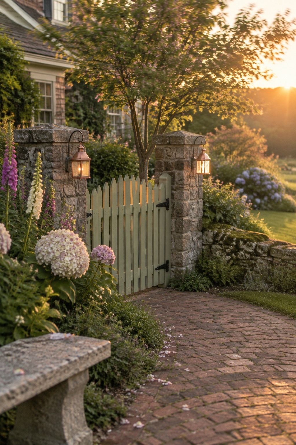 A light green wooden picket gate between two stone pillars fitted with lit copper lanterns, with pink and white hydrangeas along a brick driveway path.