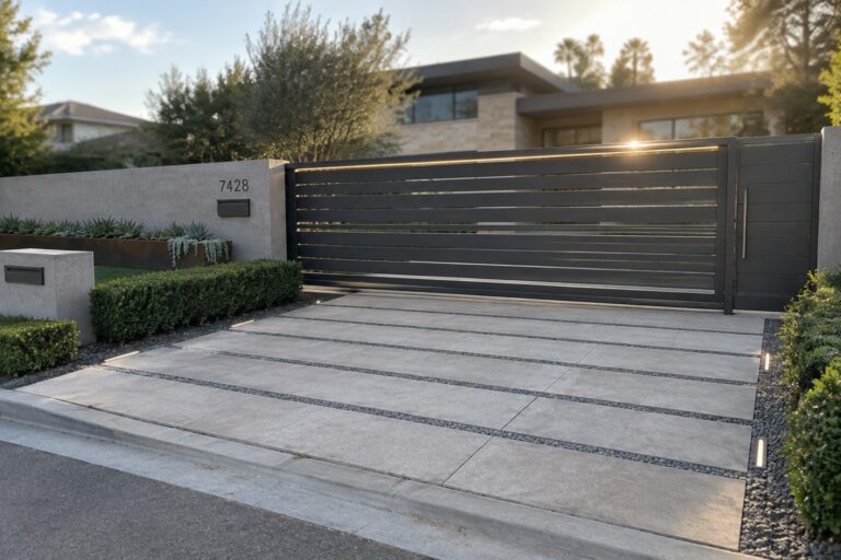 18 Modern Driveway Gate Ideas Built Around Clean Geometric Forms Modern dark gray driveway gate with horizontal slats set between concrete walls beside a paved concrete driveway with gravel strips and low landscaping.