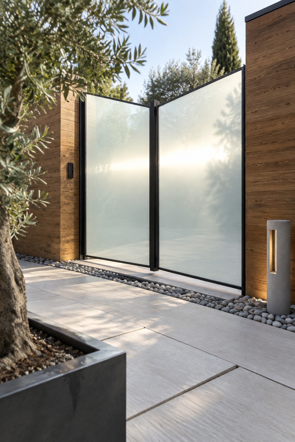 Modern driveway gate with two tall frosted glass panels in black frames, positioned between wood-clad walls beside a paved path with pebble edging and a concrete planter.