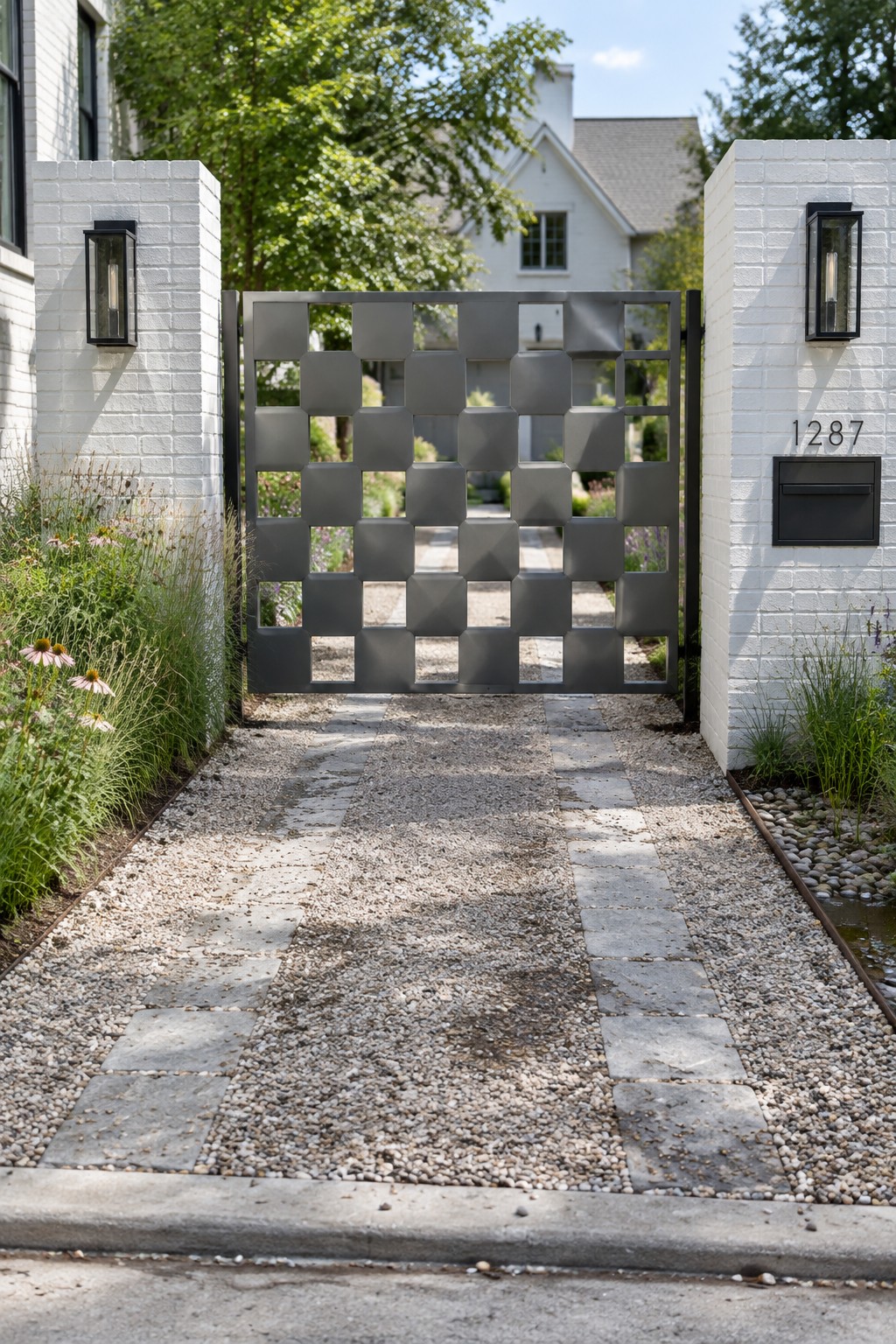 Modern geometric metal gate between white brick pillars with lanterns and stone path