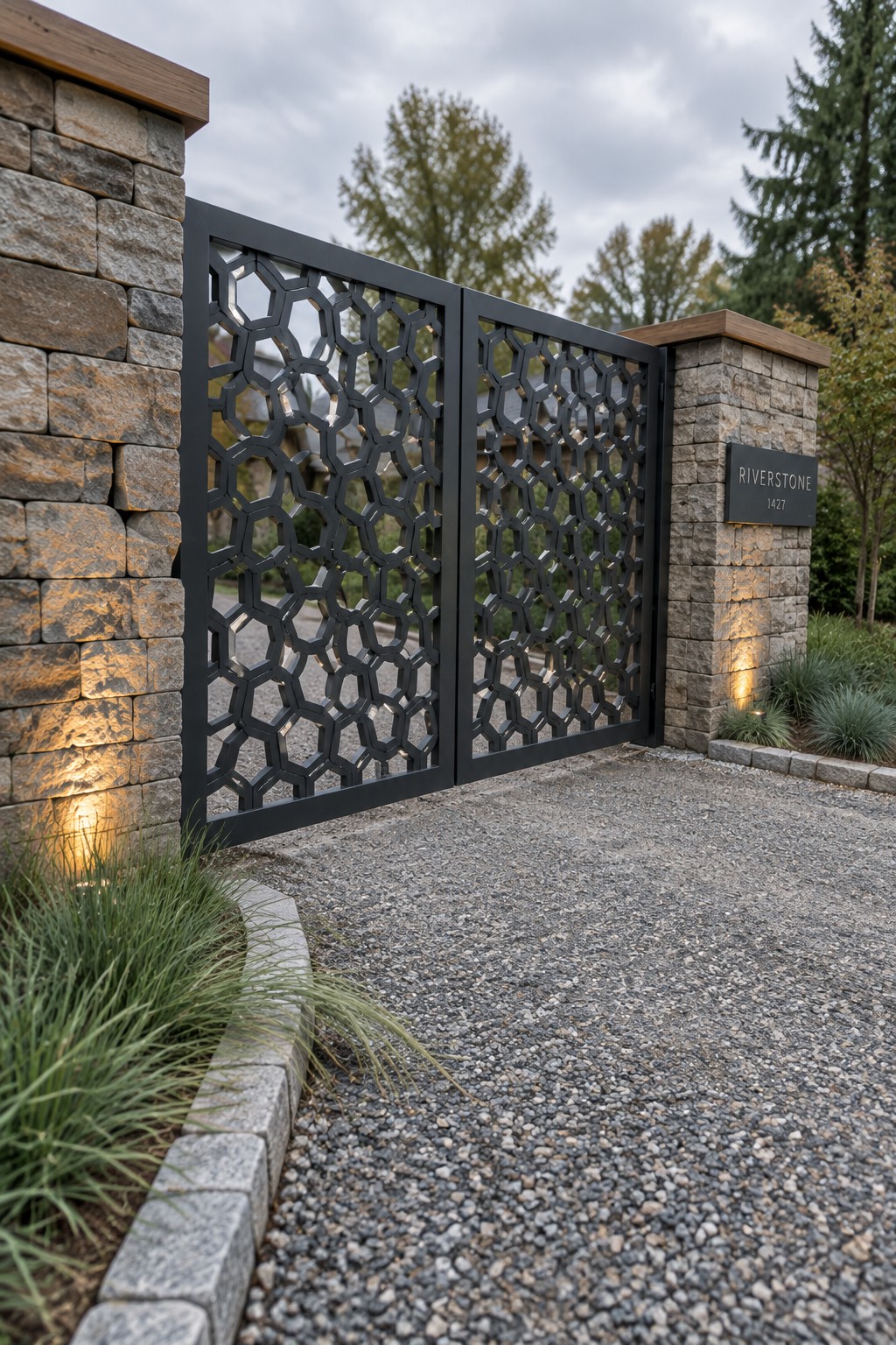 Black geometric gate with honeycomb pattern between stone pillars on gravel drive