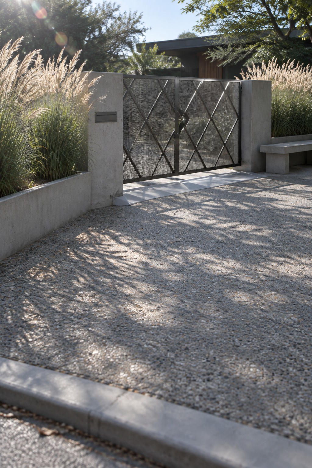 A modern metal driveway gate featuring a diamond geometric mesh pattern, flanked by concrete pillars on a gravel surface with tall grasses nearby.