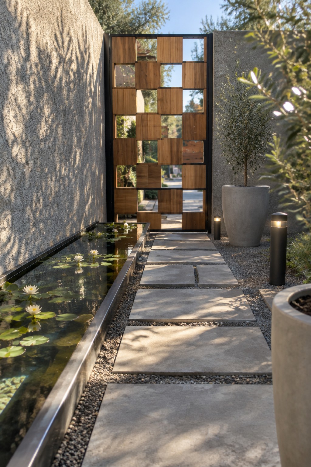 A modern wooden gate with a geometric grid pattern stands at the end of a stone pathway next to a narrow water feature with lily pads.