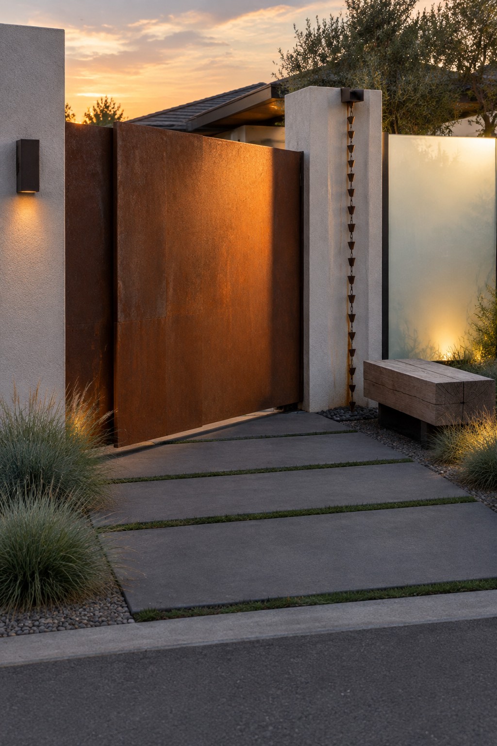 Open rusted metal gate at modern concrete entry with wooden bench and stone path at sunset