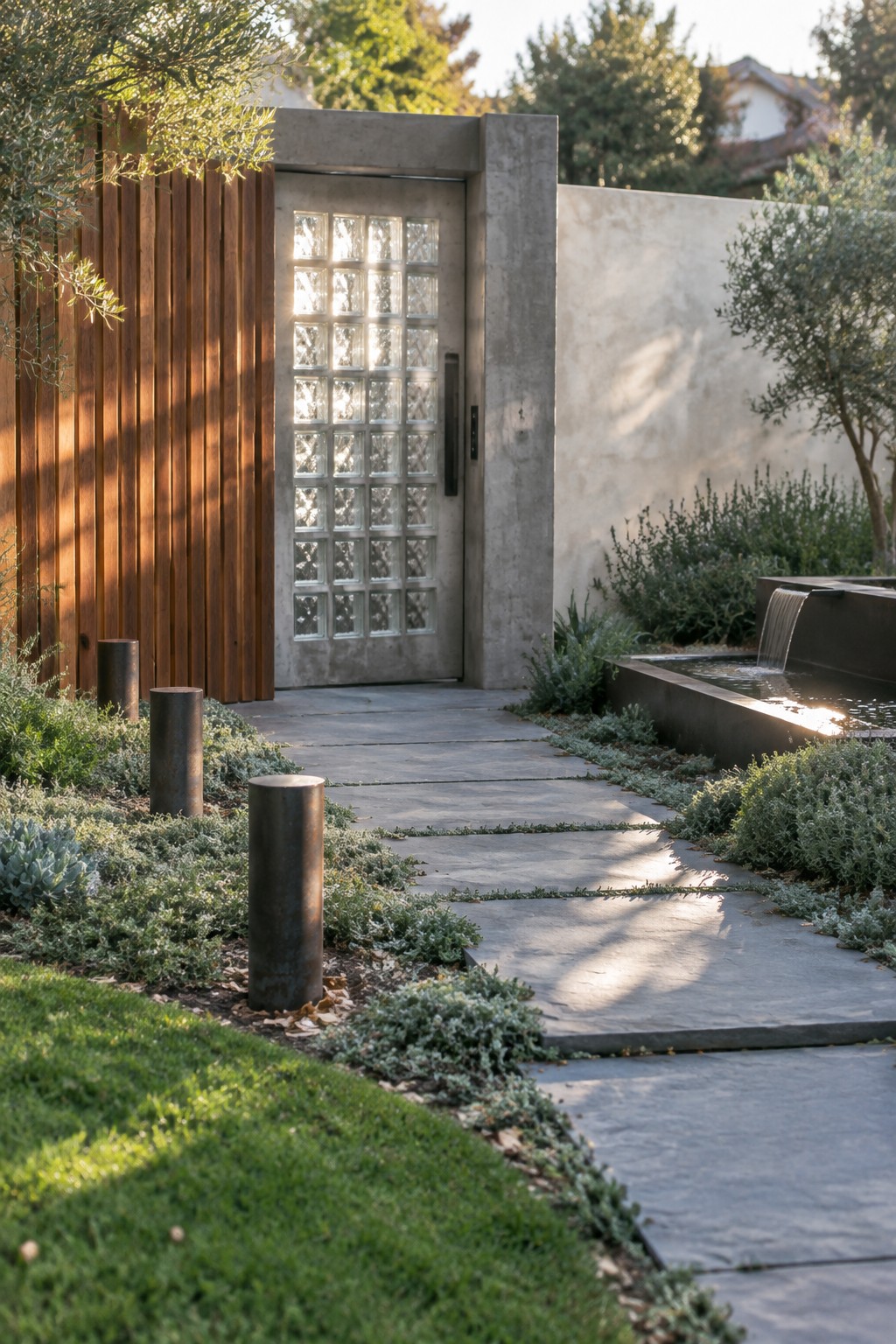 A modern gate with a grid of glass blocks in a concrete frame, set beside vertical wood siding and a stone path through garden beds.