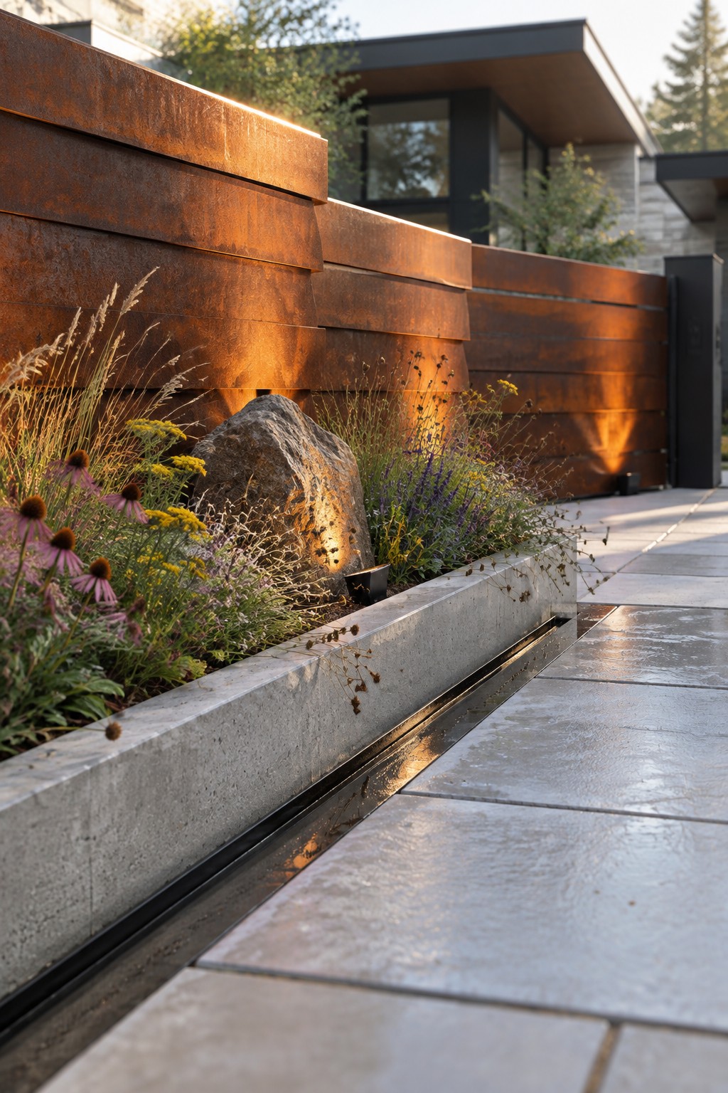 A modern home exterior shows a driveway gate and fence made of horizontal rusted metal panels, next to a long concrete planter with wildflowers, grasses, and a large rock, with a paved path in the foreground.