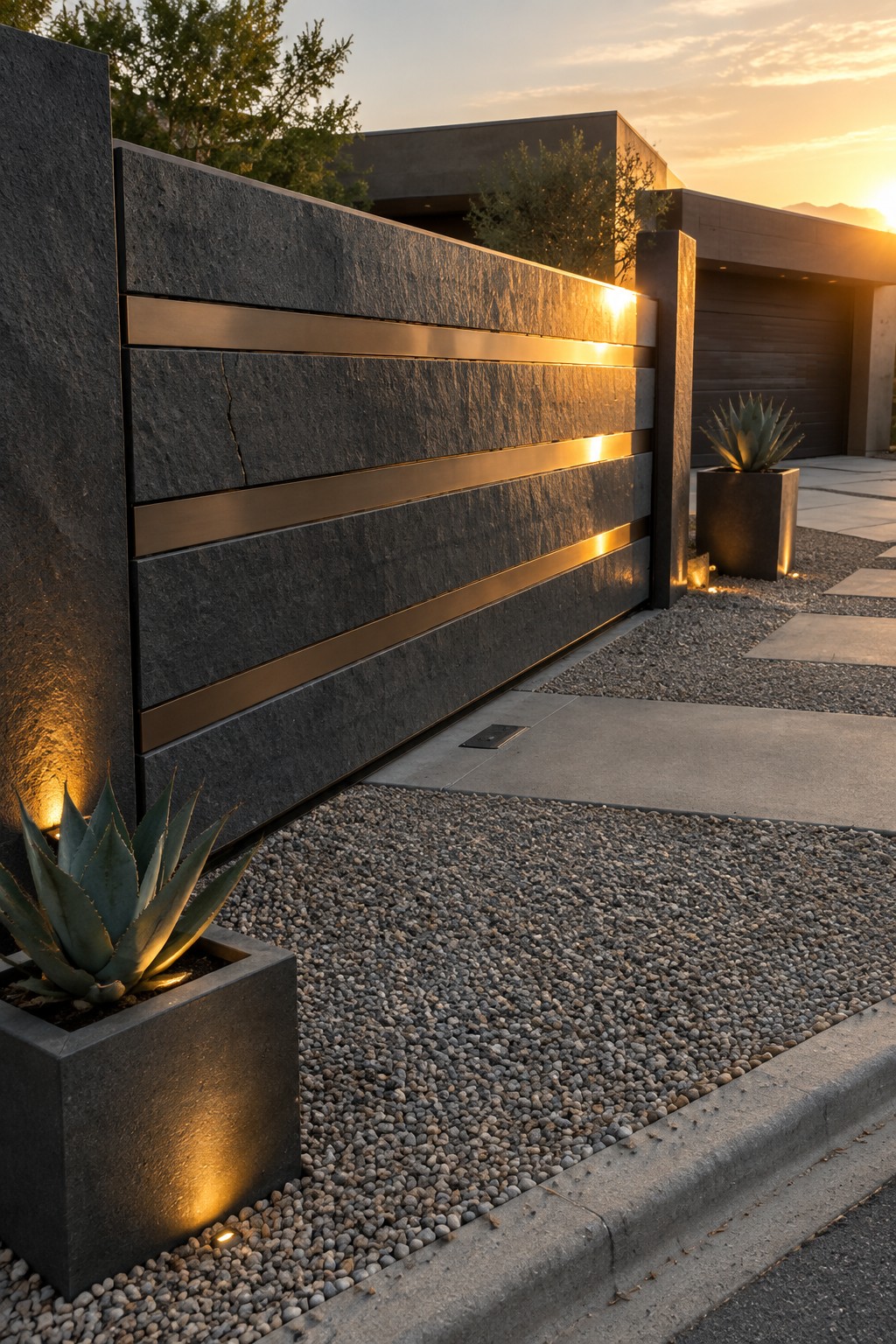 A modern dark stone wall with three horizontal bronze metal bands runs alongside a gravel driveway, with potted succulents at the base and a contemporary house visible in the background at sunset.