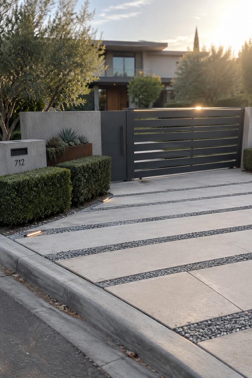 Modern dark gray driveway gate with horizontal slats set between concrete walls beside a paved concrete driveway with gravel strips and low landscaping.