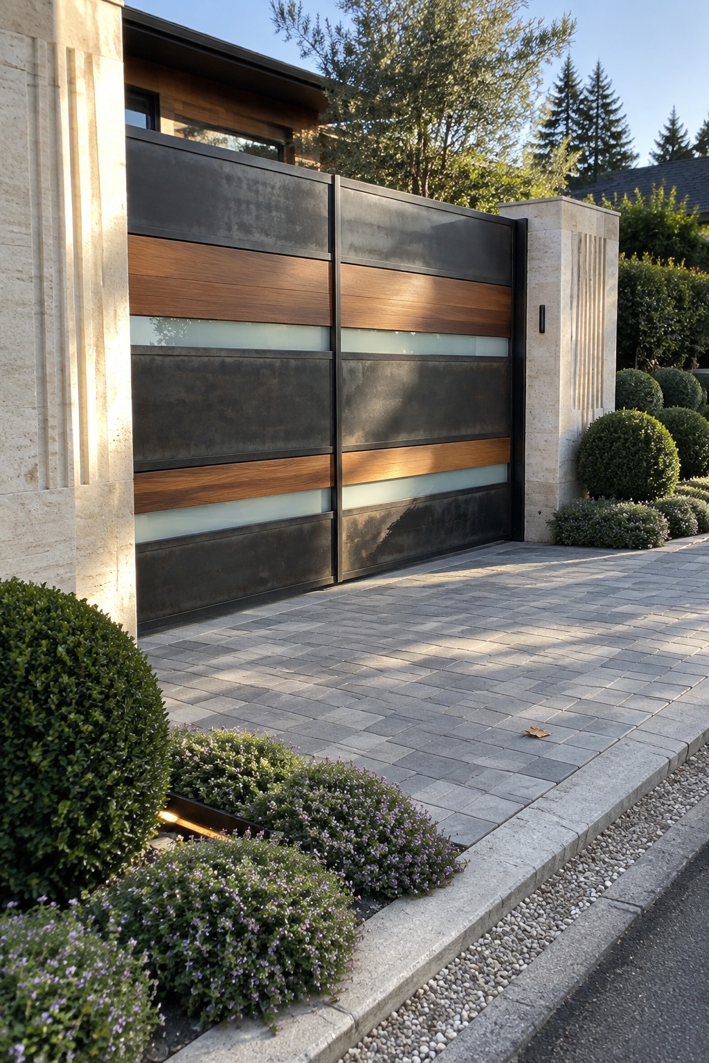 A modern two-panel driveway gate with horizontal bands of dark metal, wood, and translucent panels, set between stone pillars beside a paved driveway.