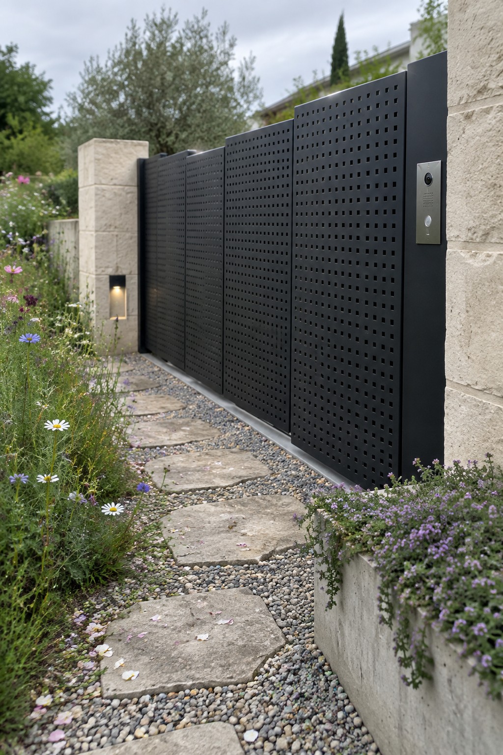 A long black metal driveway gate with a uniform grid of square perforations between light stone pillars next to a stone path.