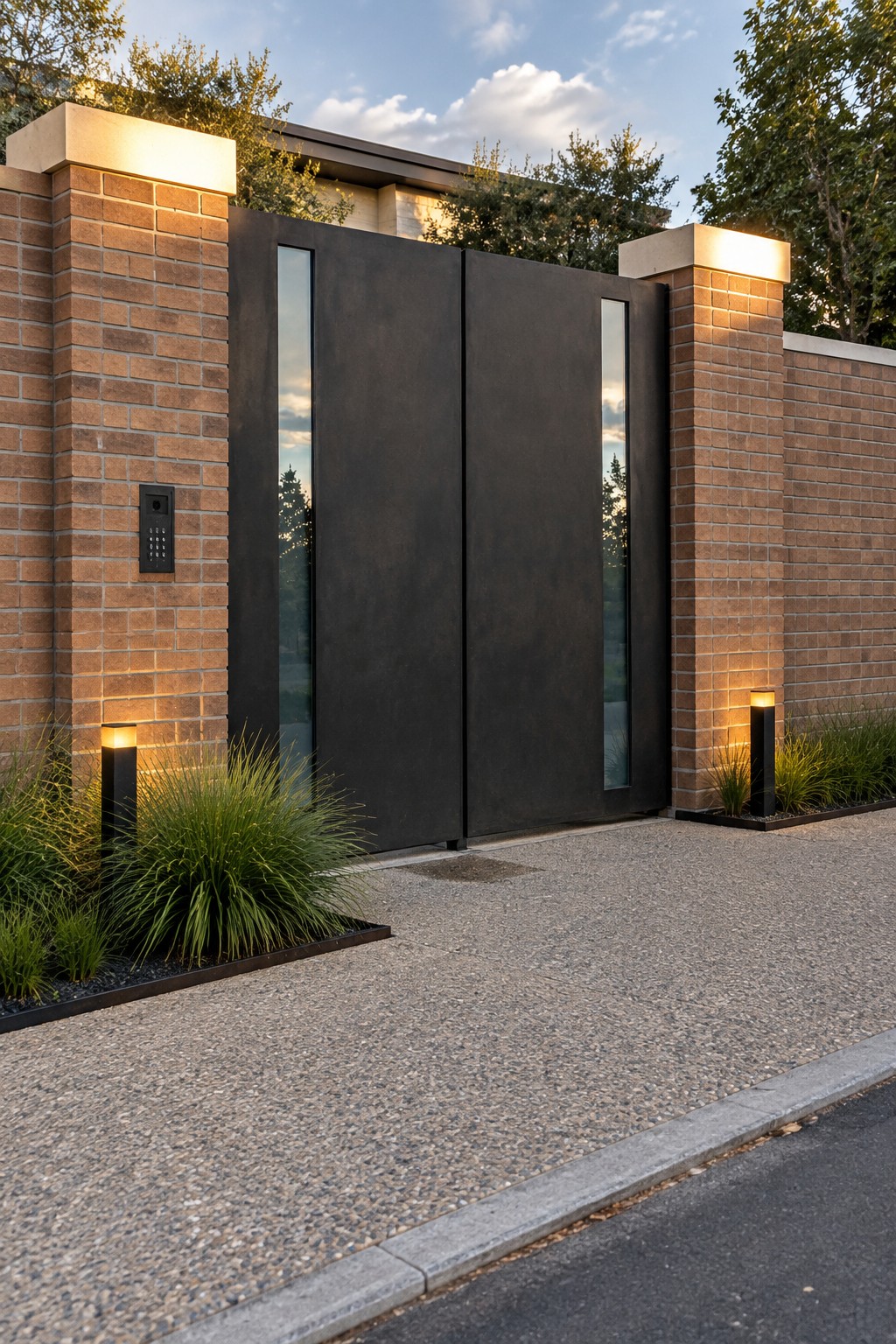 Double dark metal driveway gates with two tall vertical glass panels, set between brick pillars with cap lights and low ornamental grass plantings.