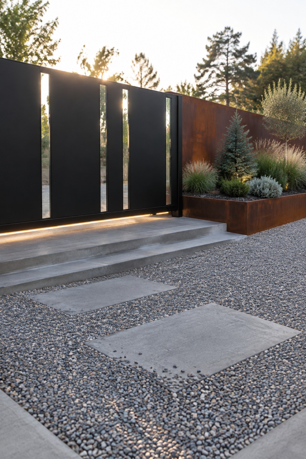 Modern black gate with light beams, concrete steps, rusted planter, and gravel pavers at sunset