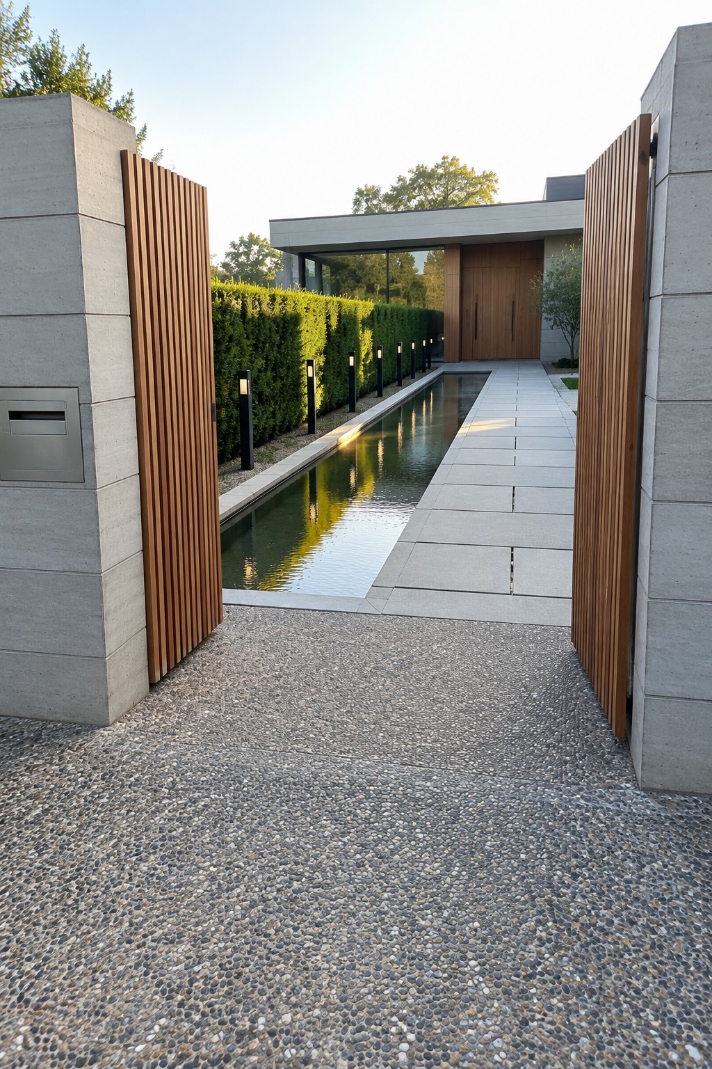 Modern driveway entrance framed by concrete pillars with vertical wood slats, a narrow reflecting pool running alongside a stone path leading to a house.