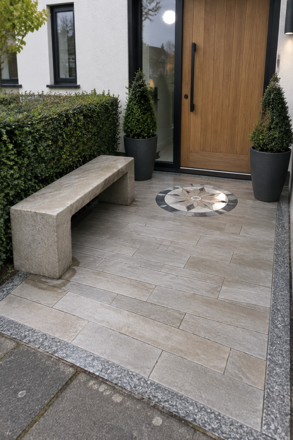 Modern entrance with concrete bench, potted shrubs, and mosaic-tiled patio