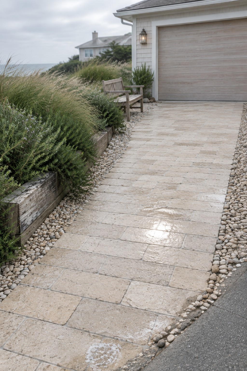 A light stone block paved driveway bordered by gravel and low green plants runs past a wooden bench toward a garage on a house exterior.