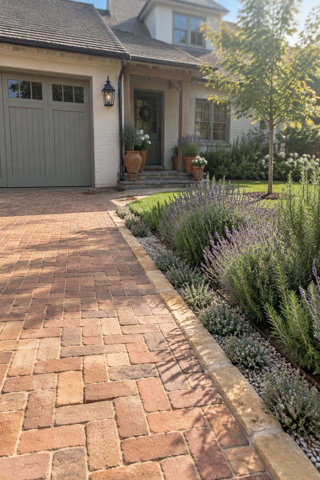 A brick driveway in a repeating pattern leads to a white house with a gray garage door, bordered by lavender plants and stone edging.