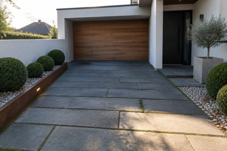 16 Modern Small Driveway Ideas With Clean Block Paving Patterns Modern house with wooden garage door, black entry, and stone driveway with gravel garden