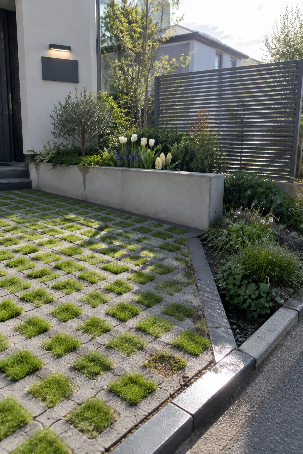 Modern garden with grass-filled gray pavers, concrete planter of white tulips, and slatted fence