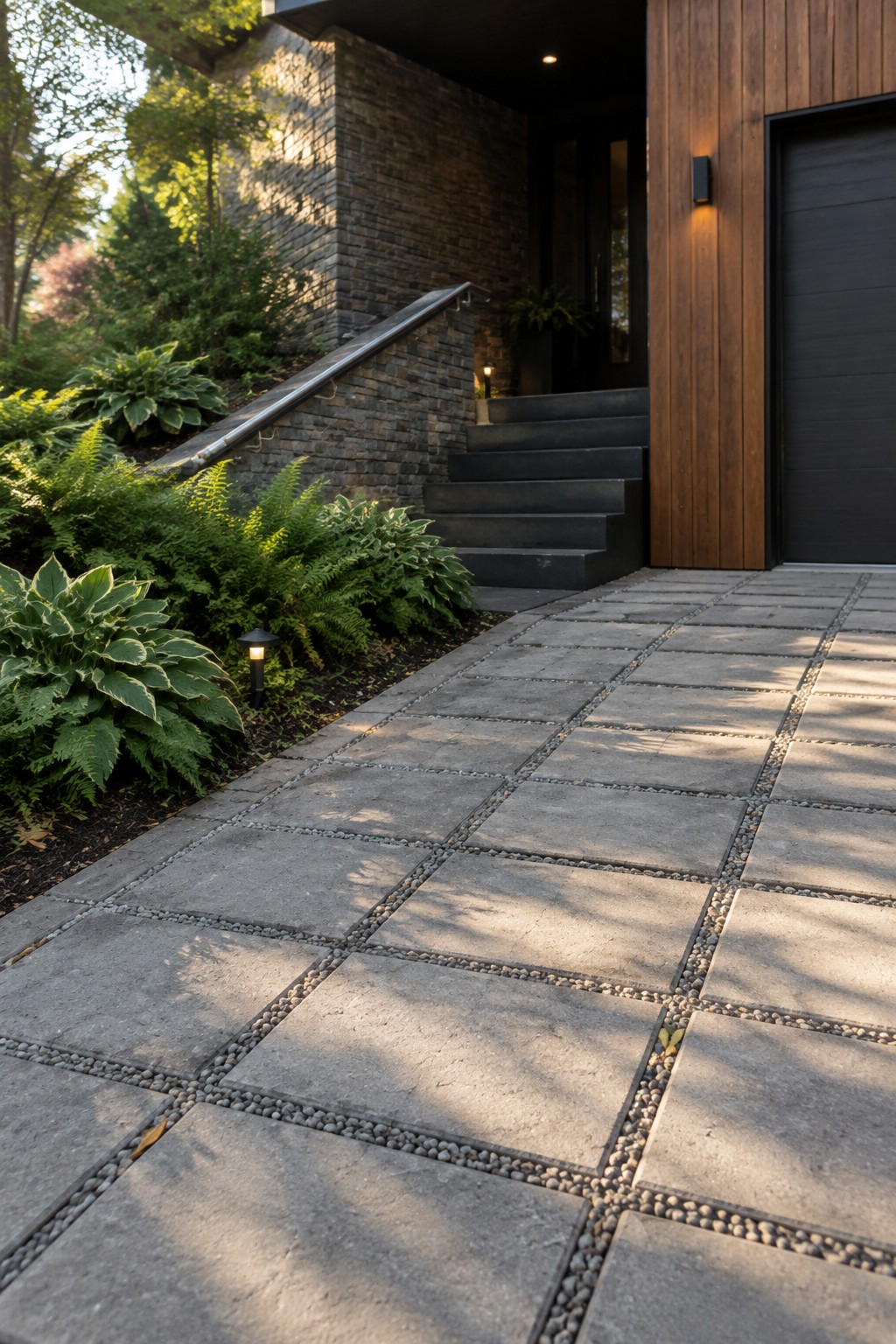 A modern home entrance with gray rectangular block paving in a grid pattern separated by pebble joints, leading to dark stairs and a wood-sided facade.